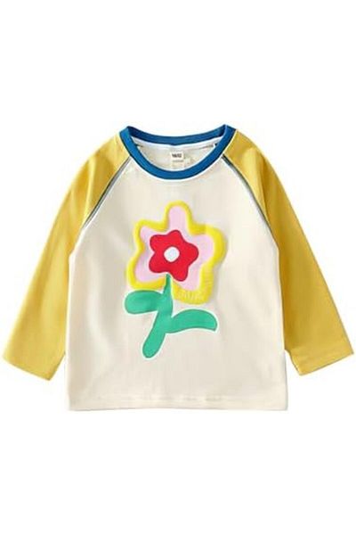 L&Wen Girls Cute Crewneck Raglan Long Sleeves T-shirt, Cartoon Flower Print Kids Top 90 (2-3 Years)