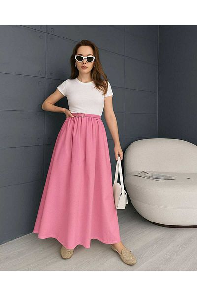 LE CARAMBOLE Women's Pink White Belted Long Dress