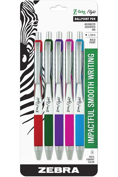 Zebra Pen Z-Grip Flight Retractable Ballpoint Pen, Bold Point, 1.2mm, Assorted Fashion Colors, 5-Cou