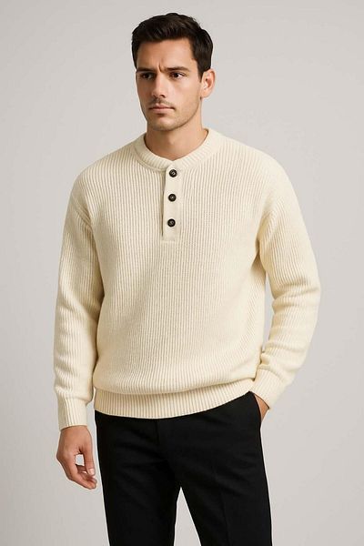 Valiberta Wes Thessaloniki Knitted 3 Button Half Placket Comfortable Fit Men's Knitwear Sweater - Ecru