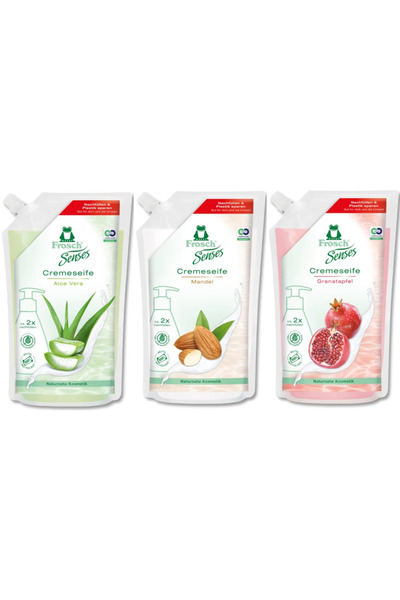 Frosch Aloe Vera Krem Sabun 500 ml + Badem Özlü Krem Sabun 500 ml + Senses Nar Krem Sabun 500 ml