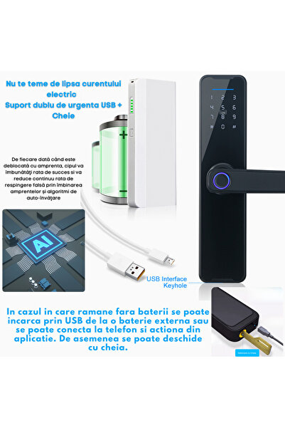 VisionHub Încuietoare inteligentă wireless, Yala cu aplicația Tuya, telecomandă, WiFi, cod PIN, amprentă digitală, 2 chei, 2 carduri