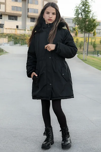 Cansın Mini Black Snap Pocket Flexible Waist Fur Inside Girl's Hooded Coat 21301