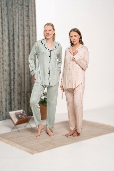 Pelin Women's Turquoise Patterned Front Buttoned Pajama Set with Pockets