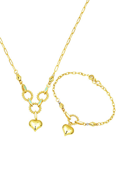 Bilezikci Kalp Figürlü 14 Ayar Altın Kolye & Bileklik Takı Seti