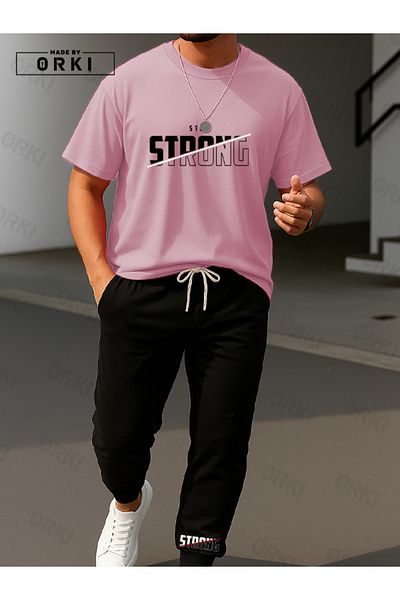 EFFRENATU Stay Strong Printed Oversize Pink T-Shirt & Black Pants Tracksuit Set