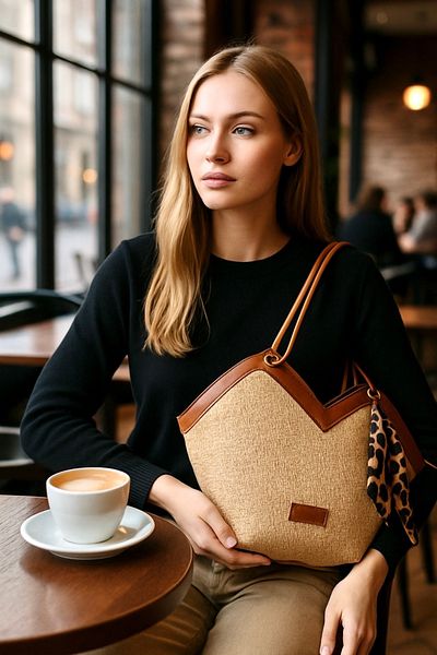 Handley Women's Special Design Straw Fabric Shoulder and Shoulder Bag with Leopard Scarf Detail