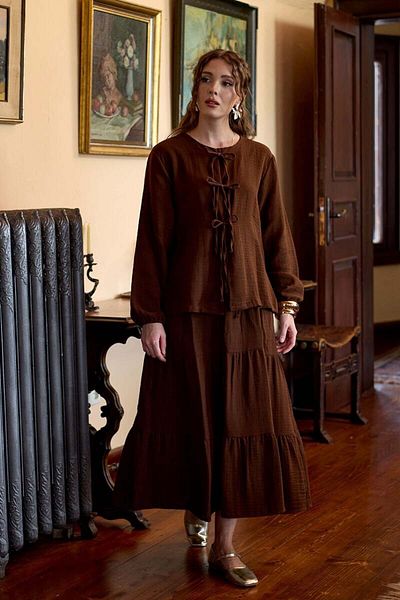Ceylan Otantik Bitter Brown Muslin Layered Skirt & 3 Bow Blouse Set