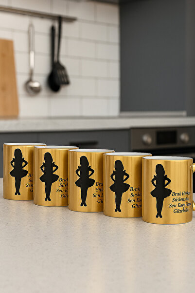 çokaş Pack of 5 Gold Color Coffee Mug Cups with Text Printed