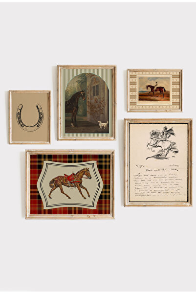 Horse Vintage At Figürlü 5’li Tablo Seti – Salon & Ofis Dekoru