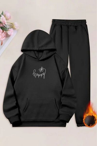 CLAYES Unisex Black Happy Flower Printed Tracksuit Hoodie - Winter Raised Fabric