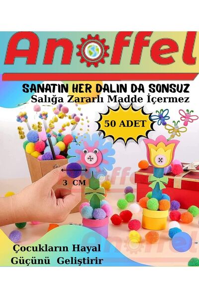 Anoffel Ponpon 30 mm 50 Li 1 Paket Karışık Renk Pon Pon 3 cm Ponpon Elişi Etk...