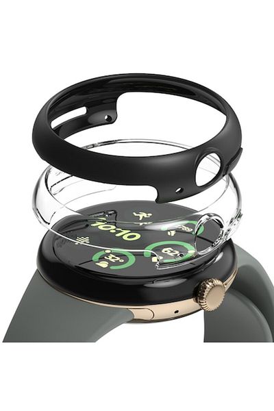 Tim Protective Case for Google Pixel Watch 3 41mm Set 2, G61, Hard Plastic, Crystal Clear/Matte Black