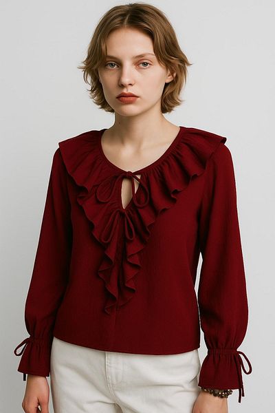 HAKKE Flounced Lace Detailed Long Sleeve Bluz