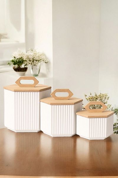 Akkoyunlu home Hexagonal 3 Size Vacuum Bamboo Lid Striped Ceramic Jar Set, Spice Set