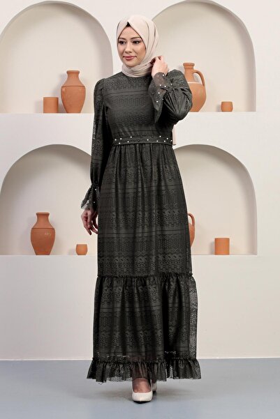 Missvalle Βραδινό φόρεμα με δαντέλα με λεπτομέρεια μαργαριταριών Χακί 12239