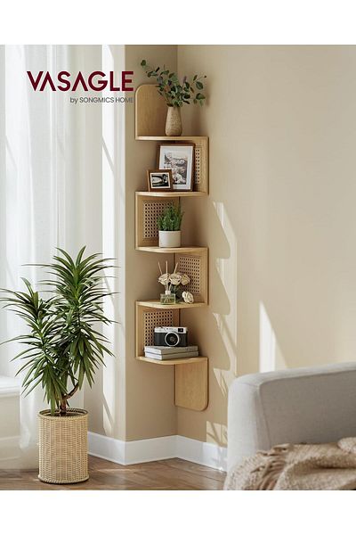 VASAGLE 5-Tier Floating Corner Shelf, Boho Style, 20x20x126 cm, Beige