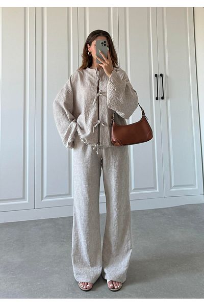 manana fashion Muslin Linen Fabric Tie-Down Shirt Pants Double Seasonal Suit