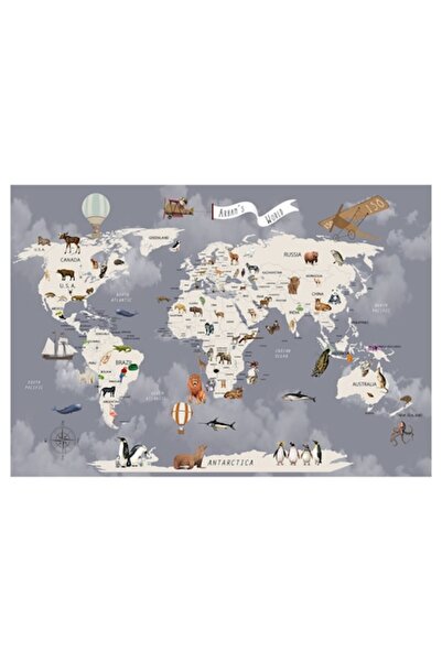 OEM Children's Non-Slip Rug, World Map Design, Size 80x150 cm, Grey
