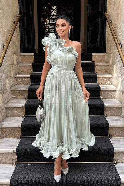 giyimmasalı Chiffon Fabric One Sleeve Evening Dress - Mint Green