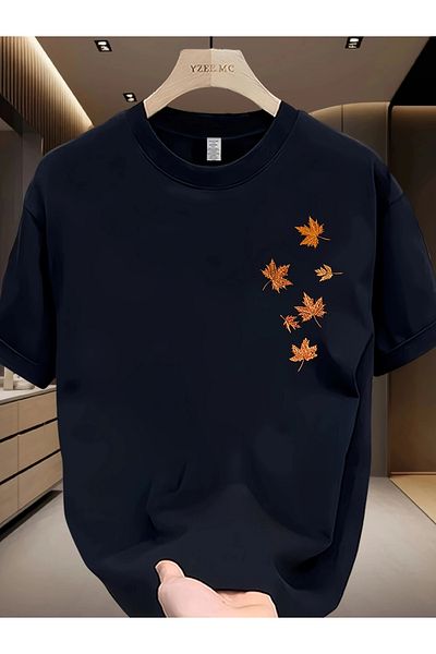 Pink Sky Unisex Cotton Black Oversize "Autumn Leaves" Printed Crew Neck Casual T-Shirt