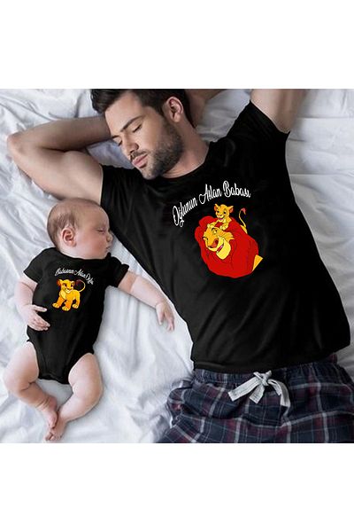 venüsdijital Father's Lion Son Black T-Shirt Bodysuit (Single Product, Add 2 Pieces to Cart to Make a Combination)