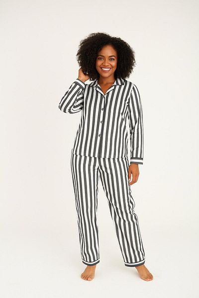 DÜVEN Front Button Long Sleeve Anthracite Cotton Poplin Pajama Set - Shirt Pants Bottom Top Set
