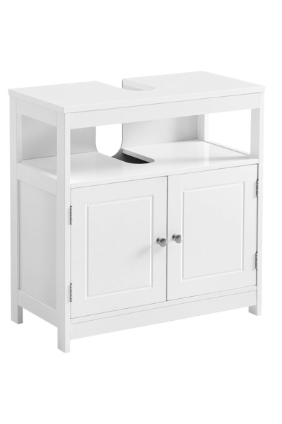 VASAGLE Dulap de baie 60x30x60 cm, 2 uși, compartiment deschis, stil scandinav, alb mat