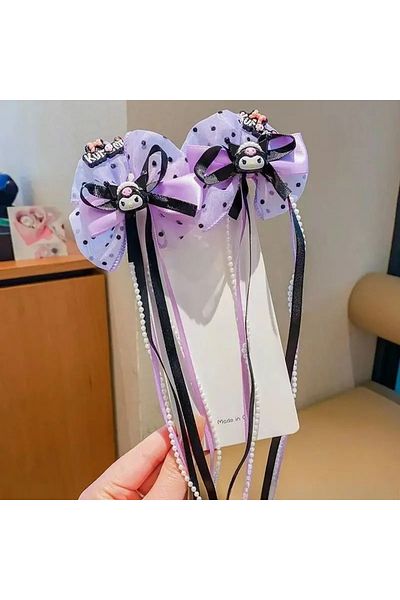 Efna Store Kuromi Anime Model Black Lilac Organized Bow Detailed Mesh Rubber Pearl 2-Piece Clamp Buckle