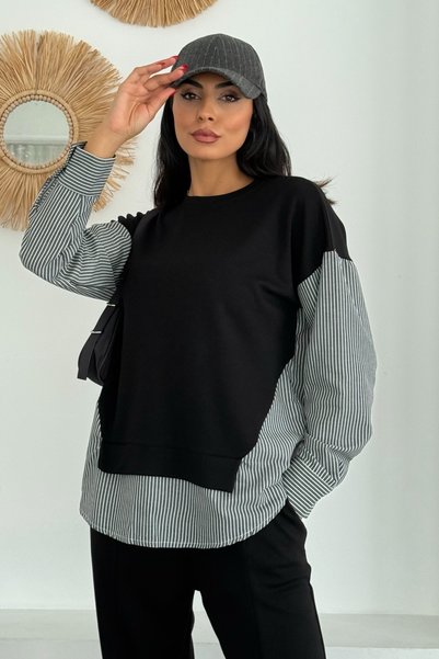Ded COLLECTION Kadın Mavi Beyaz Çizgili Modern Tasarım Uzun Kollu Gömlek Detaylı Sweatshirt Modal Takım