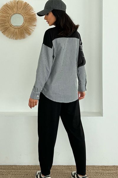 Ded COLLECTION Women's Blue White Striped Modern Design Long Sleeve Shirt Detailed Sweatshirt Modal Suit