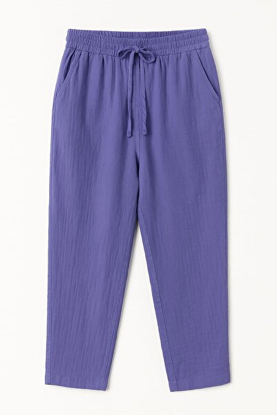 enmodaiçgiyim Γυναικείο παντελόνι από μουσελίνα μωβ 100% βαμβακερό – στενό παντελόνι, άνετο παντελόνι με τσέπες