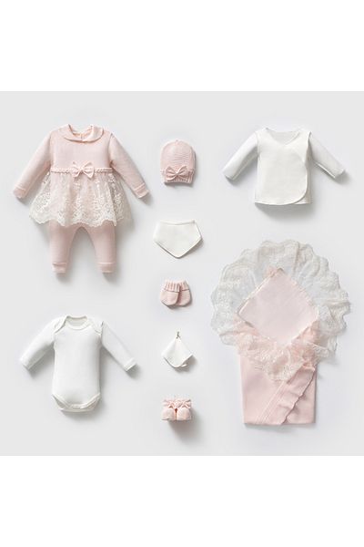Naka Concept 100% Cotton Knitwear Lace 10-Piece Baby Hospital Discharge Set – Baby Girl, Natural and Breathable Fabric