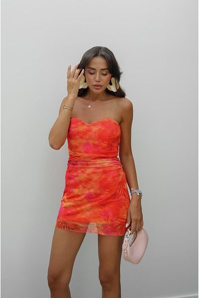 Havoş Orange Patterned Strapless Mini Dress