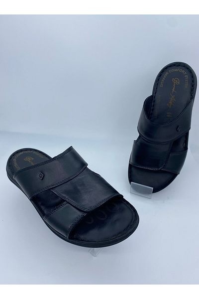 BURAK ALDAY SHOES Men's Genuine Leather Massage Sole Black Slippers
