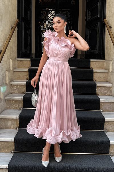 giyimmasalı Chiffon Fabric One Sleeve Evening Dress - Powder