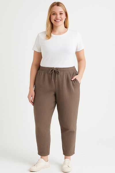 enmodaiçgiyim Brown Plus Size 100% Cotton Muslin Fabric Women's Trousers – Narrow Leg, Pockets, Comfortable Fit