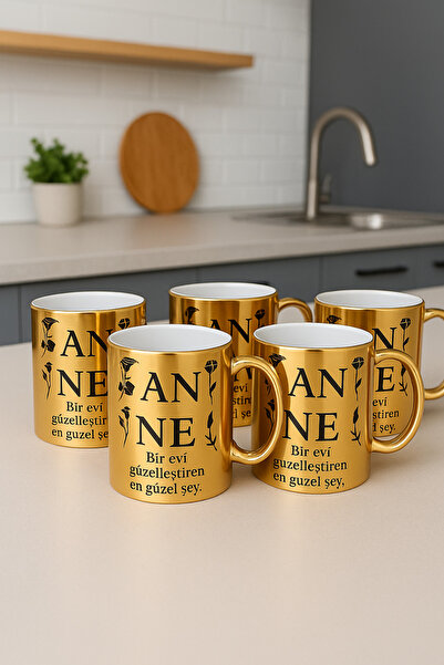 çokaş Pack of 5 Gold Color Coffee Mug Cups with Text Printed