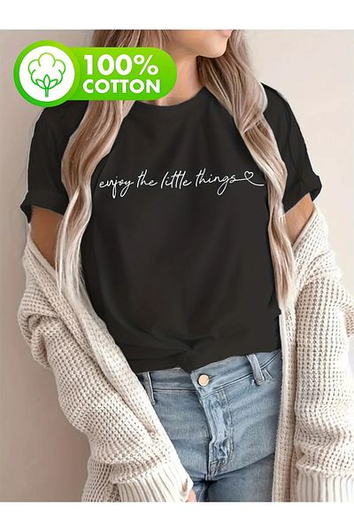 Pink Sky Unisex Cotton Black Oversize "Enjoy the Little Things" Printed Crew Neck Comfortable T-Shirt