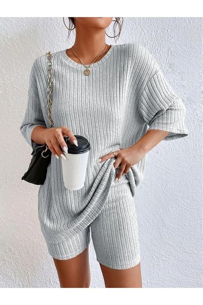 BİGÜMEX Knitted Short Sleeve Shorts Bottom Top Set, Lycra