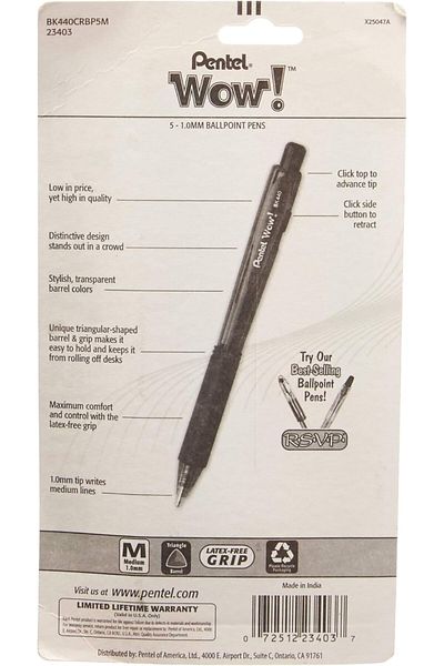 Pentel WOW! Colors Retractable Ballpoint Pen, Medium Line, Assorted Ink, 5 Pack