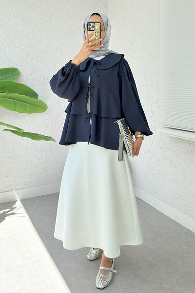 Salih Çelebi Balloon Sleeve Baby Collar Tunic 2370 - Dark Blue