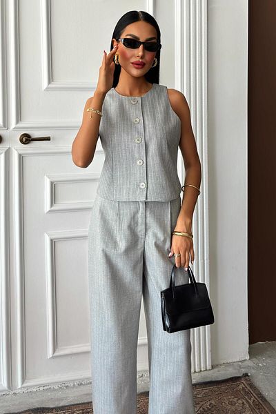Butik Vest Plazzo Pants Striped Flared Polyviscon Suit 10178