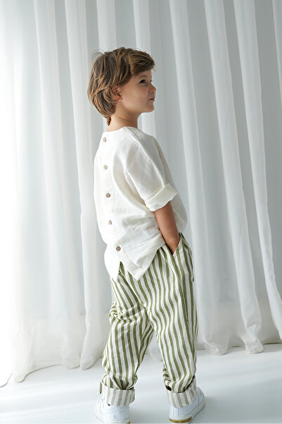 Catz Kids Boy's Green Striped Linen Trousers + Ecru Muslin Back Button Shirt