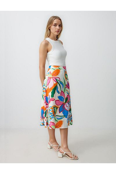 Jimmy Key Ecru Regular Waist Floral Patterned Linen Blended Midi Skirt