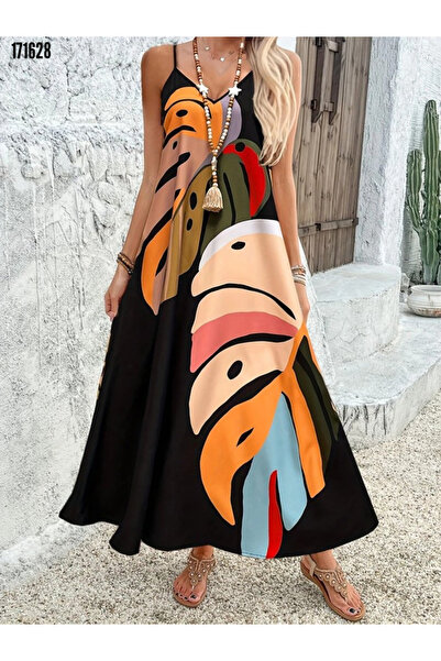 Modayakamoz Kadın İp Askılı Uzun Elbise - Geniş V Yaka Çiçek Desenli Süprem K...