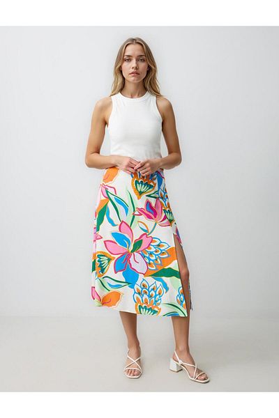 Jimmy Key Ecru Regular Waist Floral Patterned Linen Blended Midi Skirt