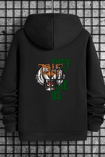 CLAYES Unisex Black Front Back Tiger Printed Tracksuit Hoodie - Winter Embossed Fabric