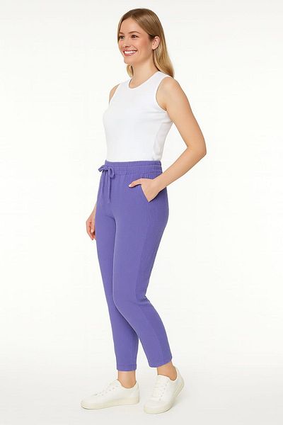 enmodaiçgiyim Magenta 100% Cotton Muslin Fabric Women's Trousers – Narrow Leg, Pockets, Comfortable Fit Casual Trousers