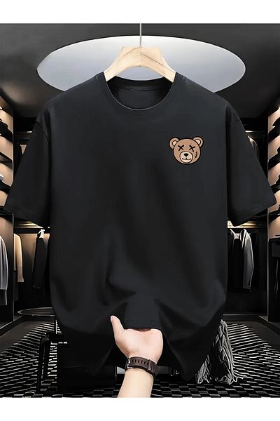 Pink Sky Unisex Cotton Black Oversize "Teddy Bear Minimal" Printed Crew Neck Comfortable T-Shirt